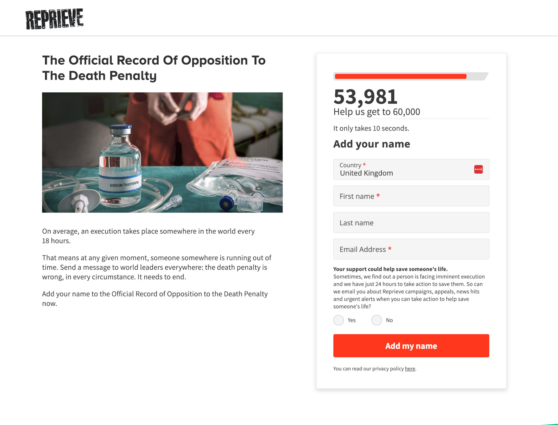 Petition page for Reprieve